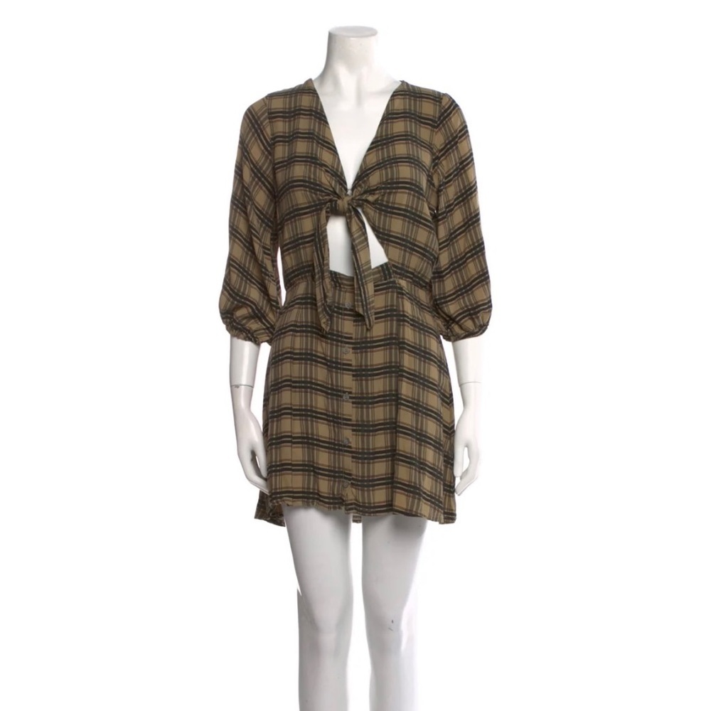 Faithfull the Brand Black and Tan Plaid Long Sleeve Dress. Size XS